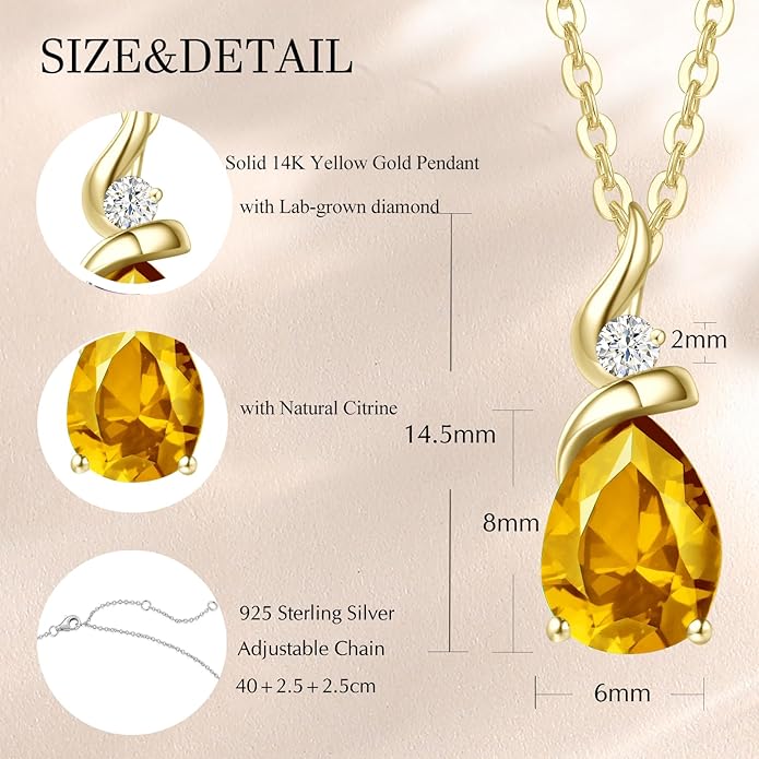 FANCIME 14K Solid Yellow Gold Birthstone Pendant Necklace for Women with Diamond Pear Shaped Teardrop Necklace Birthday Gifts for Mom Women Sterling Silver Chain 16" + 2" Extender