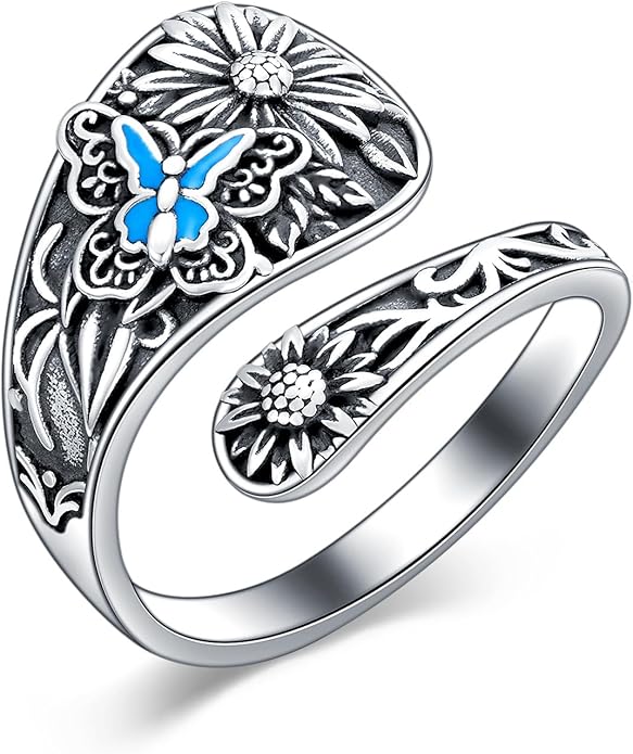 Midari Sun and Moon/Bee/Celtic/Life of Tree/Lotus Spoon Ring for Women 925 Sterling Silver Adjustable Ring Open Ring for Women Men Halloween Birthday Gift