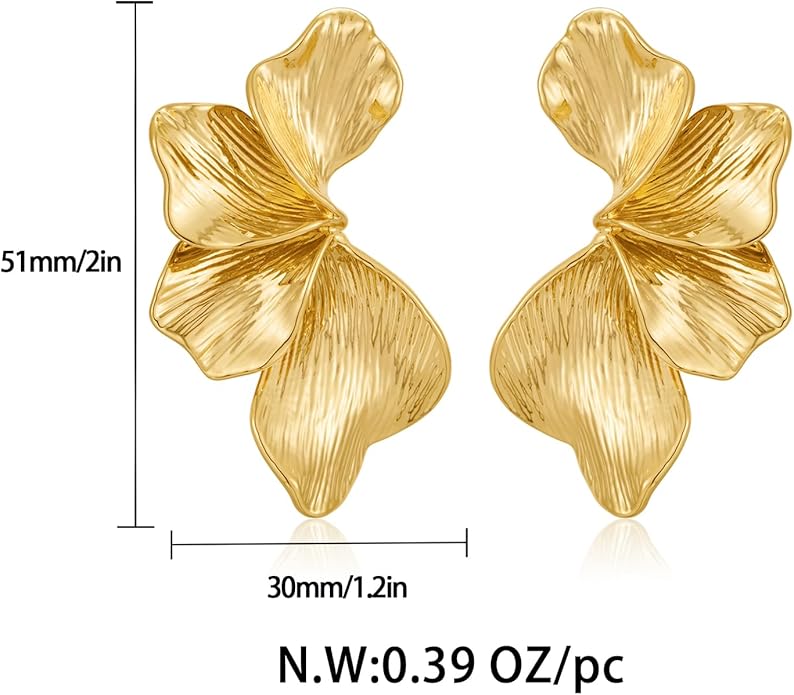 Chunky Gold Statement Earrings For Women Gold Plated Sectored Flower Leaf Shell Angel Wing Earrings Trendy Boho Jewelry For Women Large Stud Earrings Hypoallergenic Earrings