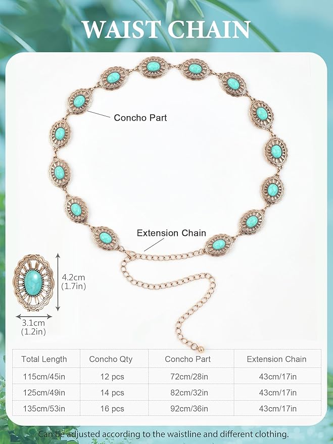FIORETTO Metal Waist Chain Link Belt for Women Western Cowgirl Boho Turquoise Belts for Dress Jeans Country Concert Outfit