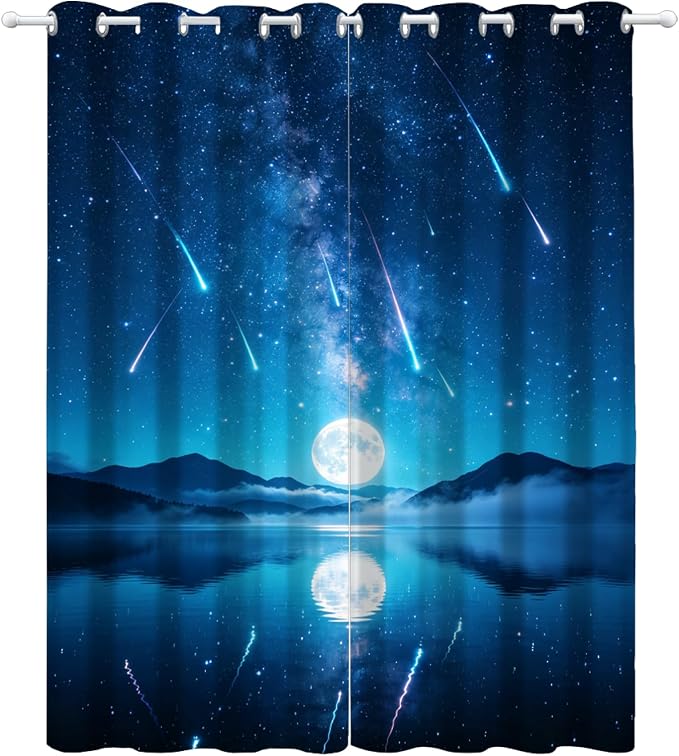 Starry Sky Curtains, Meteor Shower on a Moonlit Night Blackout Curtains 96 - Image 3