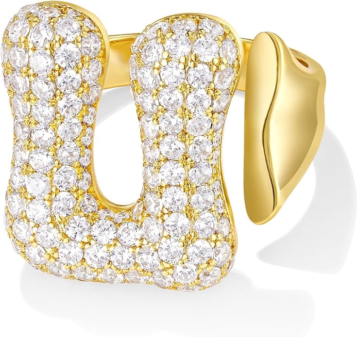 KissYan Bubble Initial Ring Valentines Day Gifts for Women, 14k Gold Plate Balloon Jumbo Letter Rings Open Adjustable Dainty Pave CZ Personalized Fashion Trendy Statement Jewelry