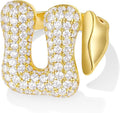 KissYan Bubble Initial Ring Valentines Day Gifts for Women, 14k Gold Plate Balloon Jumbo Letter Rings Open Adjustable Dainty Pave CZ Personalized Fashion Trendy Statement Jewelry