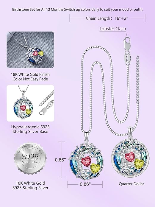 TOUPOP s925 Sterling Silver Family Celtic Tree of Life Pendant Necklaces with 2 Heart Birthstone with Blue Austrian Crystal Jewelry Birthday Valentines Day Gifts for Her, Anniversary Christmas Gifts for Wife Girlfriend Mom (18K Real White Gold Filled)