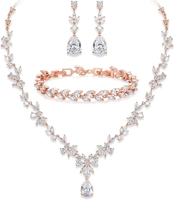 Crysdue Wedding Jewelry Set for Women, Floral Leaf Vine Teardrop Necklace Dangle Earrings Bracelet and Hair Comb, Cubic Zirconia Elegant Party Prom Jewellery for Bridal Bridesmaid