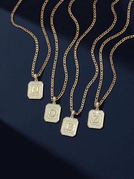 Initial Letter Pendant Necklace for Men Women, 14K Gold Square Monogram Alphabet Necklace with Figaro Chain, Valentines Day Birthday Gifts for Him Her