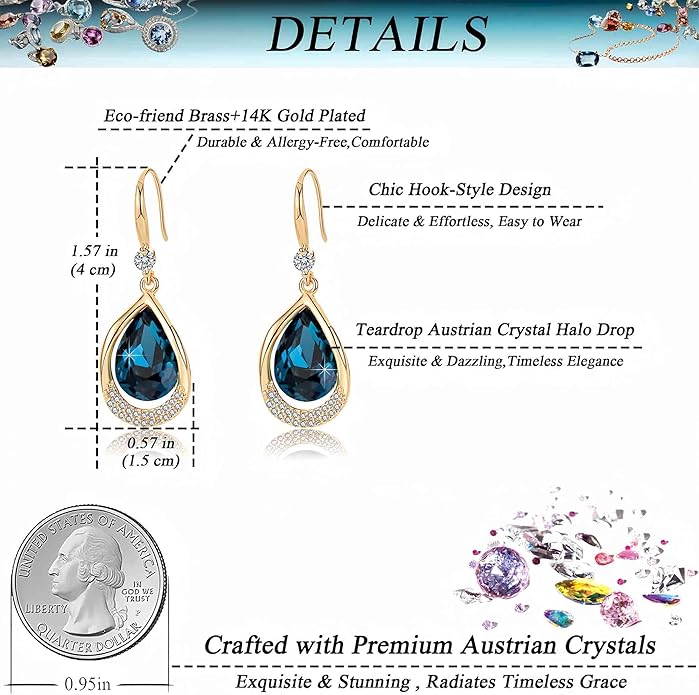 Austrian Crystal Halo Teardrop Hollow Drop Dangle Earrings for Women 14K Rose Gold Plated Hypoallergenic Jewelry Gifts