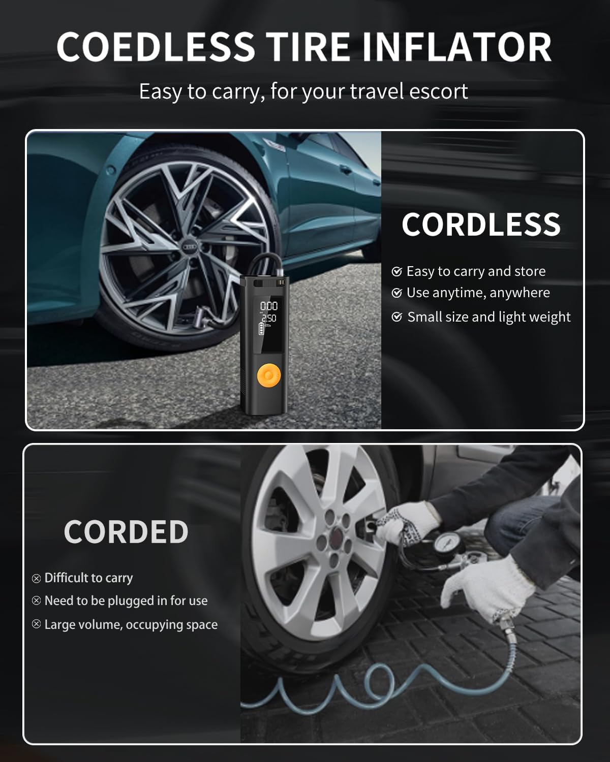 Tire Inflator Portable Air Compressor - 150PSI 4x Faster Portable Tire Inflator for Car - Air Pump For Car Tires with Digital Pressure AutoOff Smart Air Pump Suitable SUV, Bike and More (Orange)