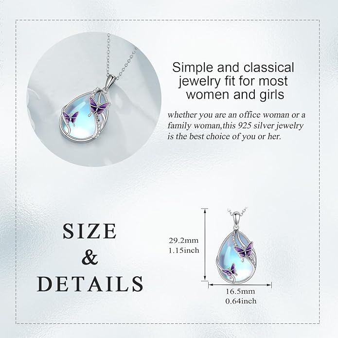 KQF Dragonfly/Butterlfy/Cat/Jellyfish/Bunny/Axolotl/Bee/Mermaid/Hummingbird/Elephant Necklace for Women Sterling Silver Moonstone Pendant Necklace Dragonfly Jewelry Gifts for Women