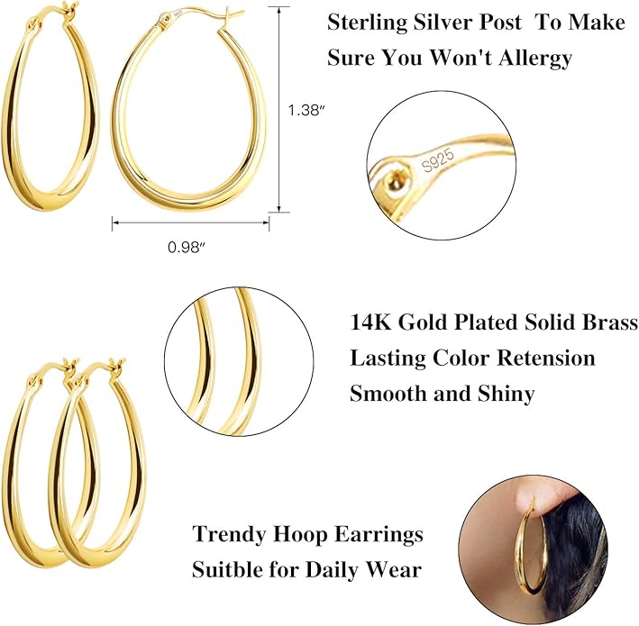 Silver Oval Hoop Earrings Hypoallergenic 14K Gold Plated Sterling Silver Lightweight Oval Hoop Earrings for Women Gilrs