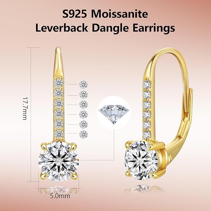 KRKC Moissanite Earrings, 1.0ct-2.0ct D Color Lab Created Diamond Earring, 14k White Gold Plated Sterling Silver Dangle Earrings S925 Leverback Drop Earring for Women Hypoallergenic Jewelry for Gifts