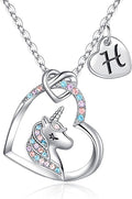 Hidepoo Valentines Gifts for Kids Girls - Unicorn Necklace Gifts for Teen Girls Kid, Colorful CZ Heart Pendant Initial Unicorn Necklaces for Girl Jewelry Birthday Gift for Girl Kid