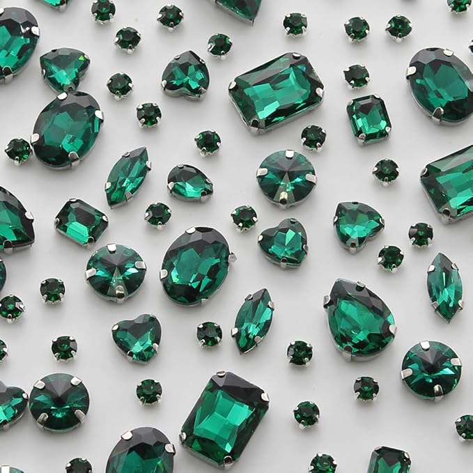TANOSII Sew on Rhinestones 100 PCS Mixed Shapes Glass Rhinestones Sew on Crystal Gems Mental Flatback with Silver Claw for Jewelry Crafts Clothes Shoes Costume Garment Malachite Green