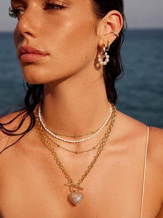 Aobei Pearl 18K Gold Plated Moon Star Lion Evil Eye Love Heart Cross Pendant Necklace Medallion Paperclip Chian Choker Layering Jewery for Women