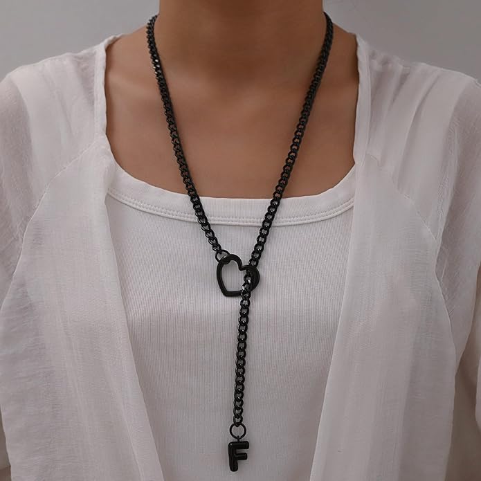 Black Heart Slip Chain Initial Necklaces for Women,Stainless Steel O-Ring Adjustable Lariat Heart Y-Necklace,Punk Gothic Cuban Collar Choker Necklace for women