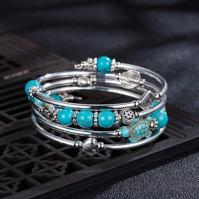 BULINLIN Layered Wrap Bangle Turquoise Bracelet - Bead Bracelet with Natural Agate Stone, Gifts For Women