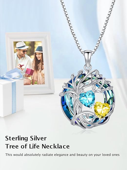 TOUPOP s925 Sterling Silver Family Celtic Tree of Life Pendant Necklaces with 2 Heart Birthstone with Blue Austrian Crystal Jewelry Birthday Valentines Day Gifts for Her, Anniversary Christmas Gifts for Wife Girlfriend Mom (18K Real White Gold Filled)