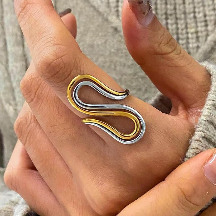 Chunky Rings For Women, Gold Silver Thumb Ring Asymmetrical Wavy Curve Ring Adjustable Non Tarnish Dainty Stainless Steel New Year Anniversary Birthday Jewelry Gift