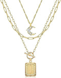 MJartoria Layered Initial Necklaces for Women Trendy, 14K Gold Plated Brass Simple Moon Choker Square Letter Pendant Necklace, Paperclip Chain Necklaces Jewelry Gifts