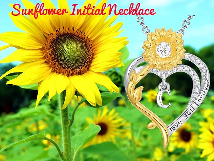 Initial Necklace 925 Sterling Silver Sunflower Heart Letter Pendant Alphabet Anniversary Birthday Jewelry Gifts for Women Mom Girlfriend Wife Her