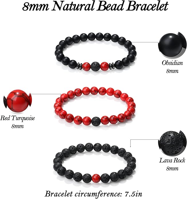 XIANNVXI Natural Stone Beads Bracelet for Men Crystal Bracelets 8MM Tiger Eye Lava Rock Obsidian Beaded Bracelet Set Black/Red/Blue Crystal Beaded Bracelets for Men