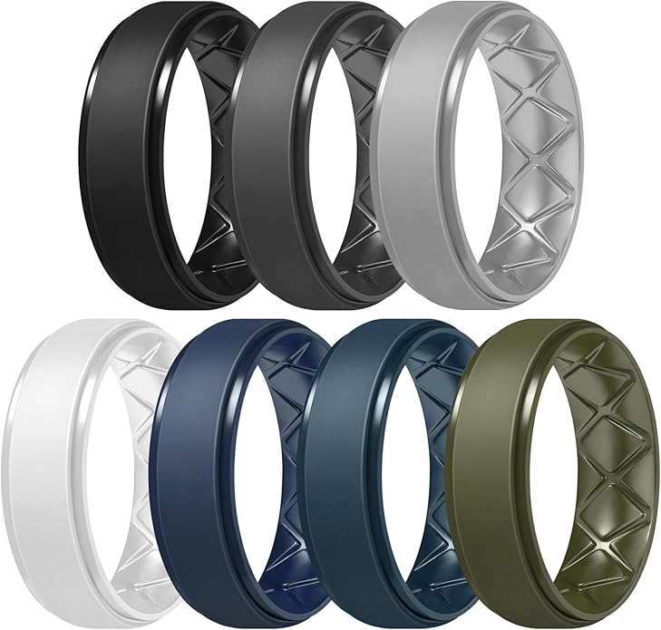 Egnaro Men's Rings 8.5mm Wide-2mm Thick Inner Arc Ergonomic Breathable Rubber Wedding bands-Hypoallergenic for Gym/Outdoor/Gift((1-7 Variety Pack with Half Size)