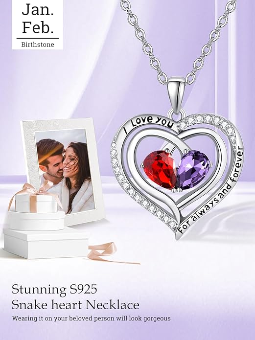 Valentine's Day Gifts for Wife 925 Sterling Silver Double Birthstone Pendant Necklaces I Love You for Always and Forever Necklace Anniversary Birthday Gifts for Wife Girlfriend Mom Her