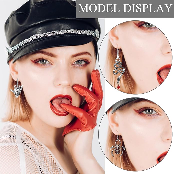 Yinkin 40 Pairs Goth Earrings Set Grunge Punk Rock Dangle Earring Gothic Y2k Jewelry Bat Cross Snake Skull Earrings for Women