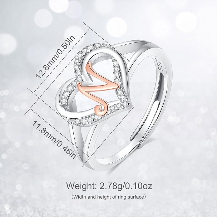 INFUSEU 925 Sterling Silver Initial Heart Ring for Women Girls, Adjustable Size