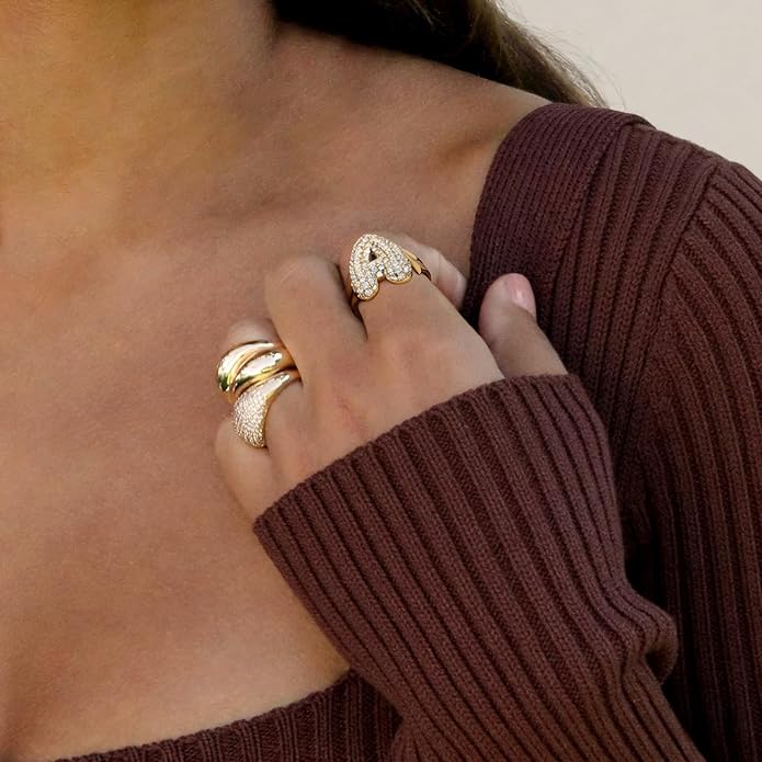KissYan Bubble Initial Ring Valentines Day Gifts for Women, 14k Gold Plate Balloon Jumbo Letter Rings Open Adjustable Dainty Pave CZ Personalized Fashion Trendy Statement Jewelry