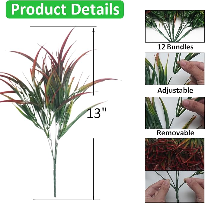 12 Bundles Fake Fall Outdoor Plants Artificial Grass, Autumn Red | Fall Stems - Image 3