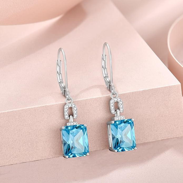 Emerald Cut Earrings 925 Sterling Silver Baguette Birthstone Dangle Drop Leverback Earrings Jewelry Gifts for Women