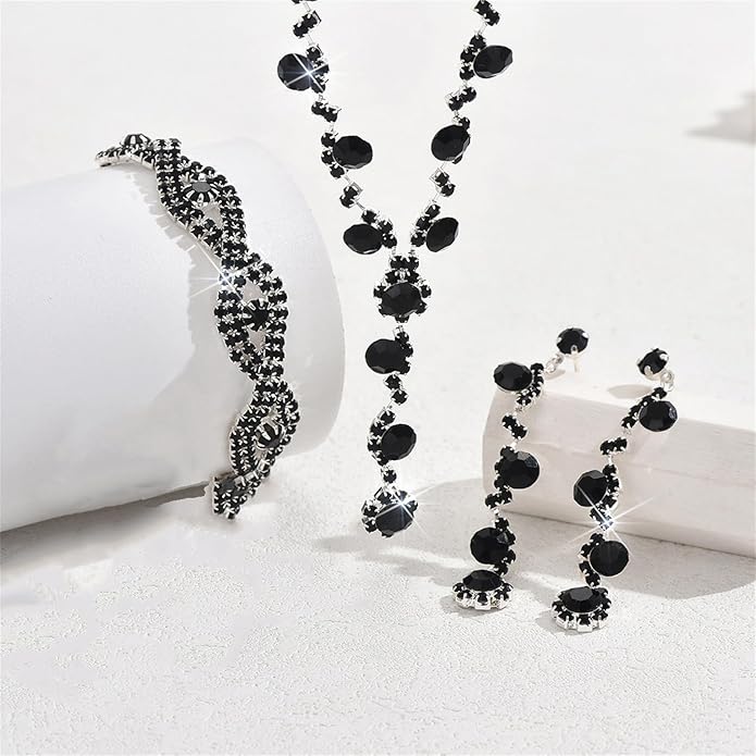 PINK TOWN Vintage Rhinestone Bridal Jewelry Sets,Crystal Wedding Prom Earrings Necklace Bracelet Set Fashion Zircon Bride Jewelry Dress Accessories for Women