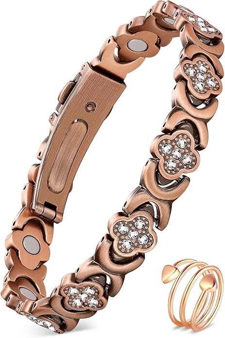 Feraco Pure Copper Bracelets & Rings for Women, Ultra Strength Magnetic Bracelet for Women with Neodymium Magnets & Sparkling Cubic Zirconia, Adjustable, Infinite Clover Jewelry