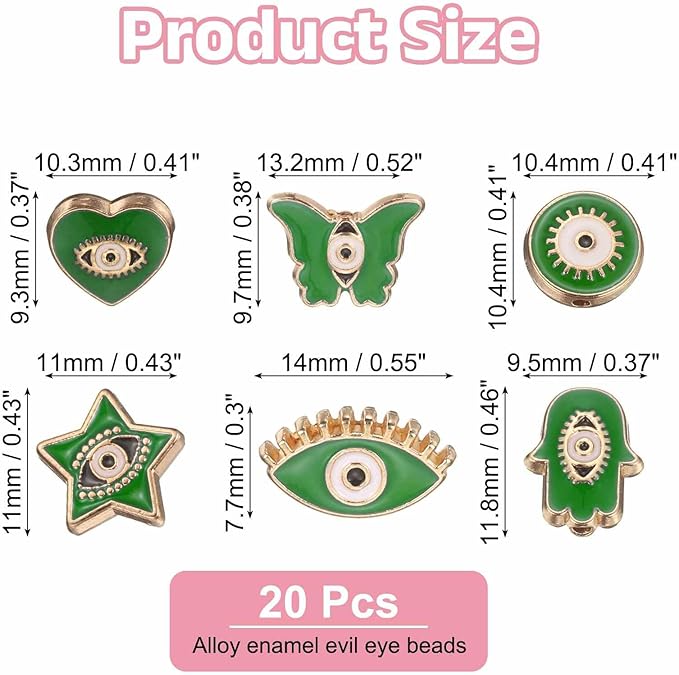 MECCANIXITY 30 Pcs Evil Eye Beads Bulk Colorful Alloy Enamel Loose Spacer Charm Beads for DIY Bracelet Earrings Necklace Crafts Jewelry Making, Green