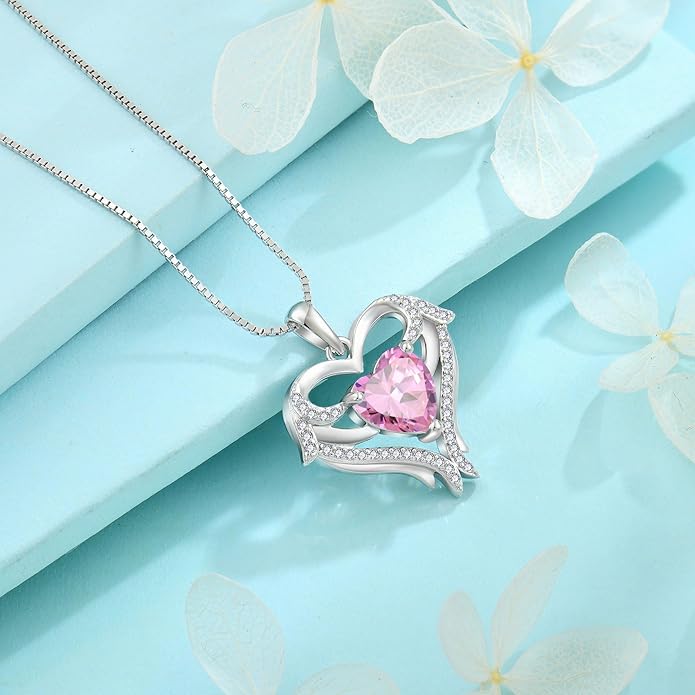 FJ Heart Angel Wings Pendant Necklace 925 Sterling Silver Birthstone Jewelry Gifts for Women