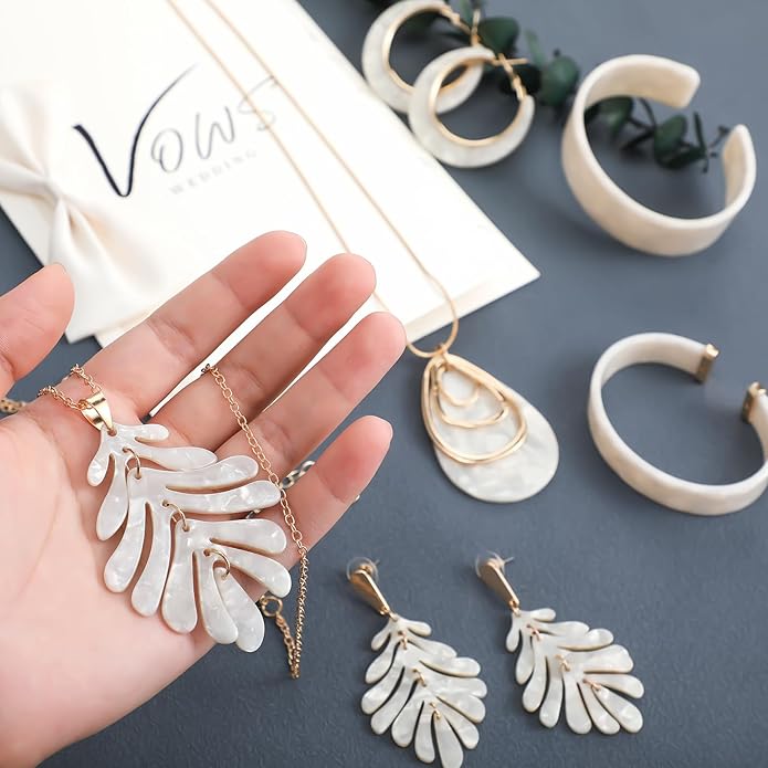 Highergo 8 Pcs Acrylic Jewelry Set Women Statement Earrings Necklace Bracelet Marble Texture Floral Necklace Set for Women