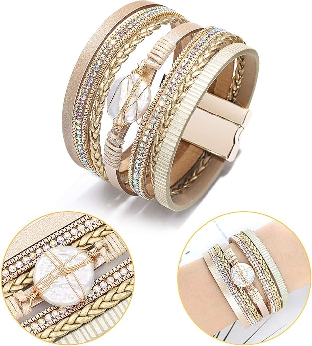 Wowanoo 3Pack Leather Cuff Bracelet Set Multilayer Wrap Bracelet Crystal Feather Tree Bracelet Magnetic Clasp Bracelet for Women