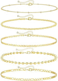 Gold Ankle Bracelets for Women,14k Gold Plated Anklets Waterproof Cuban Link Tennis Herringbone Beaded Chain Anklets Set Layered Anklet Bracelets for Women Adjustable Summer Beach Jewelry 5pcs