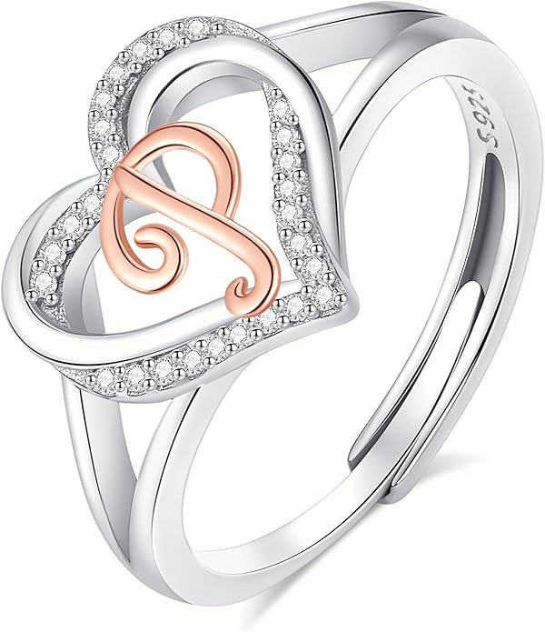 INFUSEU 925 Sterling Silver Initial Heart Ring for Women Girls, Adjustable Size