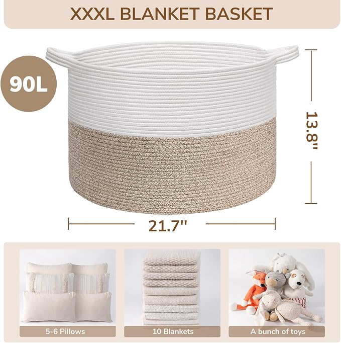 INDRESSME XXXLarge Woven Rope Blanket Basket Living Room Light Brown, 90L | - Image 3