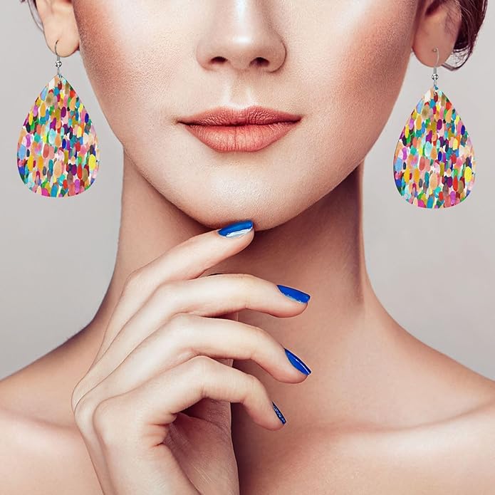 Colorful Watercolor Teardrop Earrings For Women, Dangle Earrings Jewelry For Women, Lightweight Faux Leather Earrings Gifts