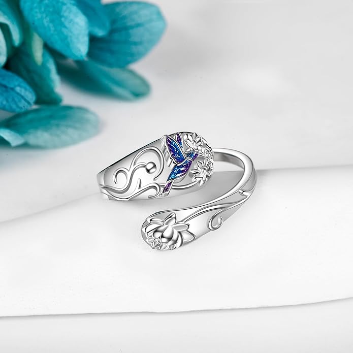 Spoon Rings 925 Sterling Silver Adjustable Hummingbird/Shark/Daisy/Tree Of Life/Dragonfly/Witches Knot/Sea Turtle Ring Thumb Rings Birthday Jewelry Gifts for Women Mother