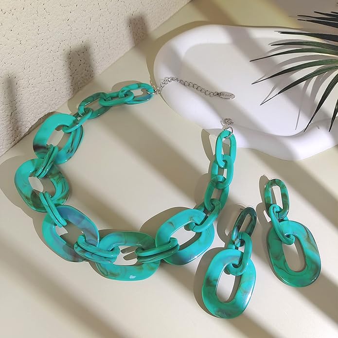 Bocar Acrylic Chunky Statement Necklace for Women Cube Link Chain Collar Necklace and Hoop Earrings Costome Jewelry Set
