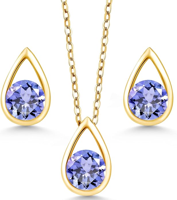 Gem Stone King 18K Yellow Gold Plated Silver 5MM Round Gemstone Birthstone Teardrop Pendant Earrings Set | Jewelry Set for Women | With 18 Inch Chain