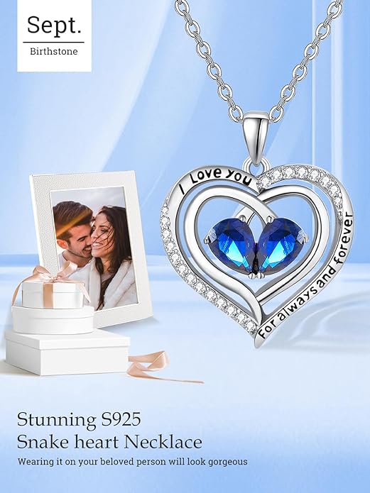 Valentine's Day Gifts for Wife 925 Sterling Silver Double Birthstone Pendant Necklaces I Love You for Always and Forever Necklace Anniversary Birthday Gifts for Wife Girlfriend Mom Her