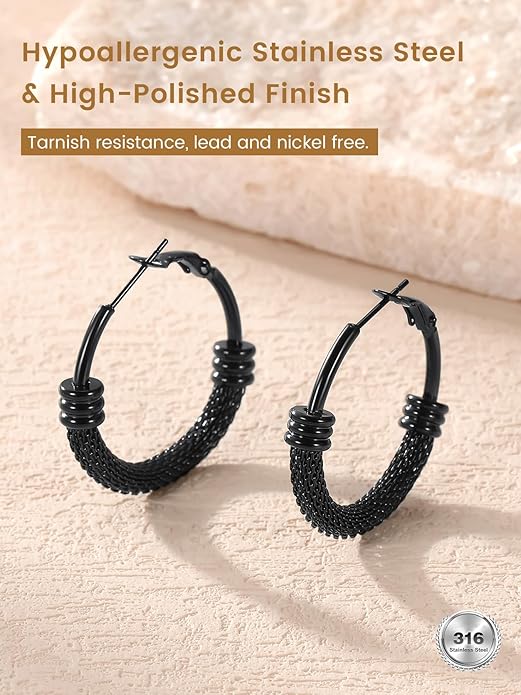 KeyStyle Mesh Hoop Earrings for Women, Stainless Steel Gold Hoops Earring Lightweight Loops, 2MM Thick Hypoallergenic Circle Endless Hollow Hoop 20mm-80mm