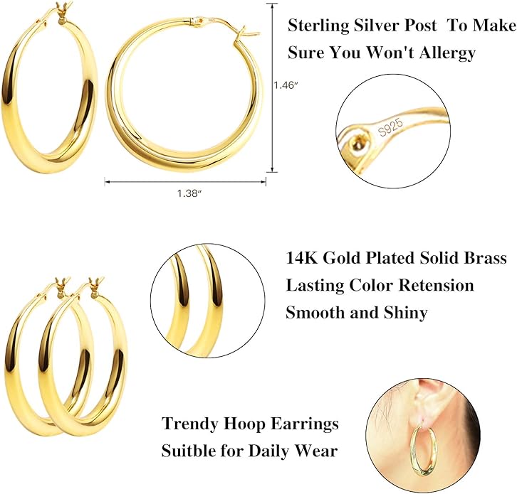 Silver Oval Hoop Earrings Hypoallergenic 14K Gold Plated Sterling Silver Lightweight Oval Hoop Earrings for Women Gilrs