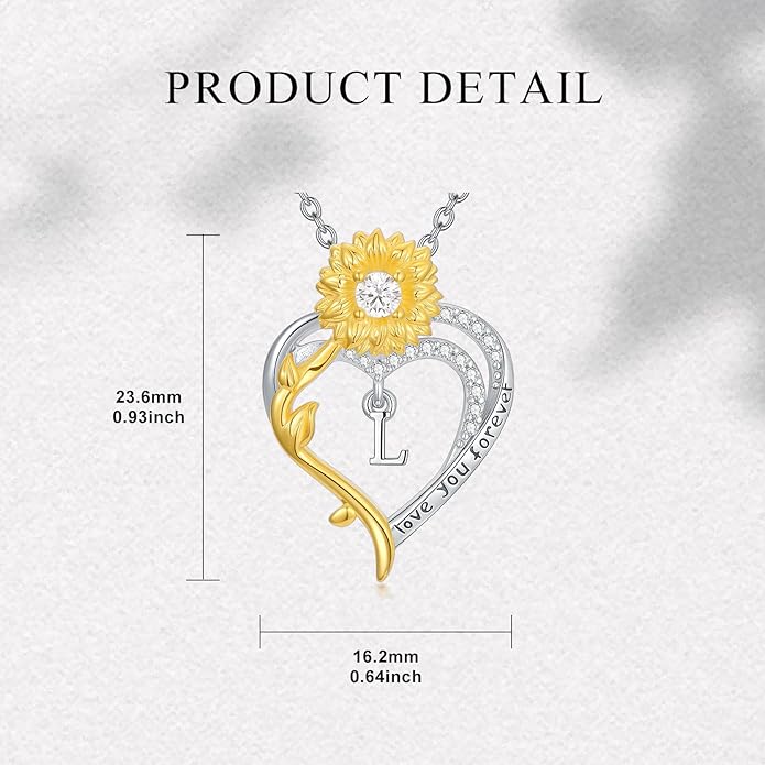 Initial Necklace 925 Sterling Silver Sunflower Heart Letter Pendant Alphabet Anniversary Birthday Jewelry Gifts for Women Mom Girlfriend Wife Her