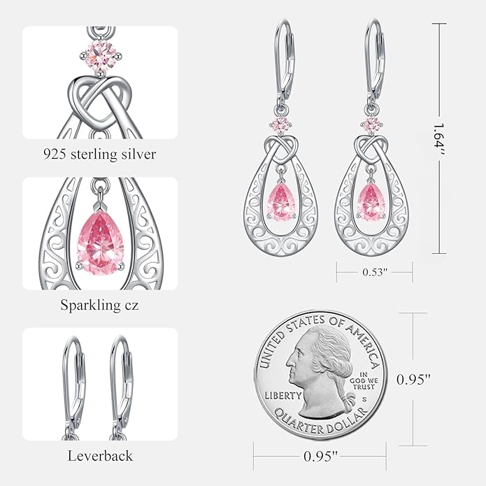 Teardrop Birthstone Dangle Drop Earrings Sterling Silver Infinity Filigree Leverback Earrings, Infinity Love Birthday Anniversary Valentines Day Gifts for Her Women Mom Wife